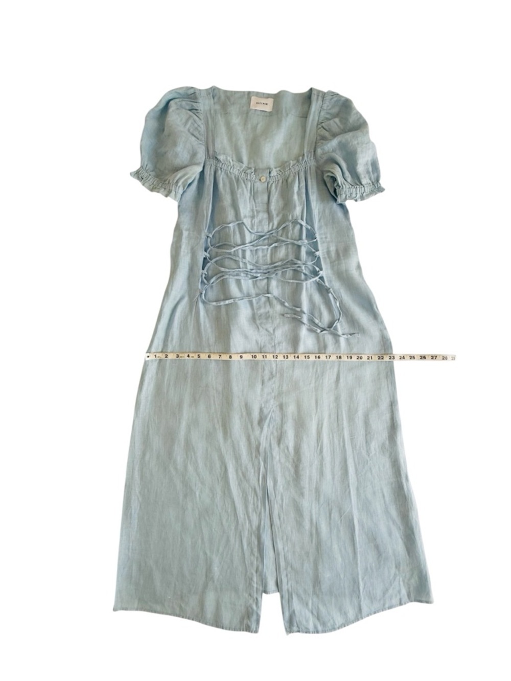 Sleeper Marquise Lace-Up Linen Midi Dress Blue Puff Sleeve Corset Cottagecore M - Picture 10 of 12
